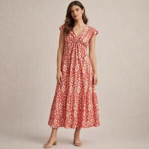 BB Dakota Red & White Ikat Print Midi Dress – Size Small – 100% Cotton